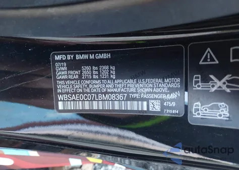 2020 BMW M8 Competition z USA, uszkodzony, nr VIN WBSAE0C07LBM08367